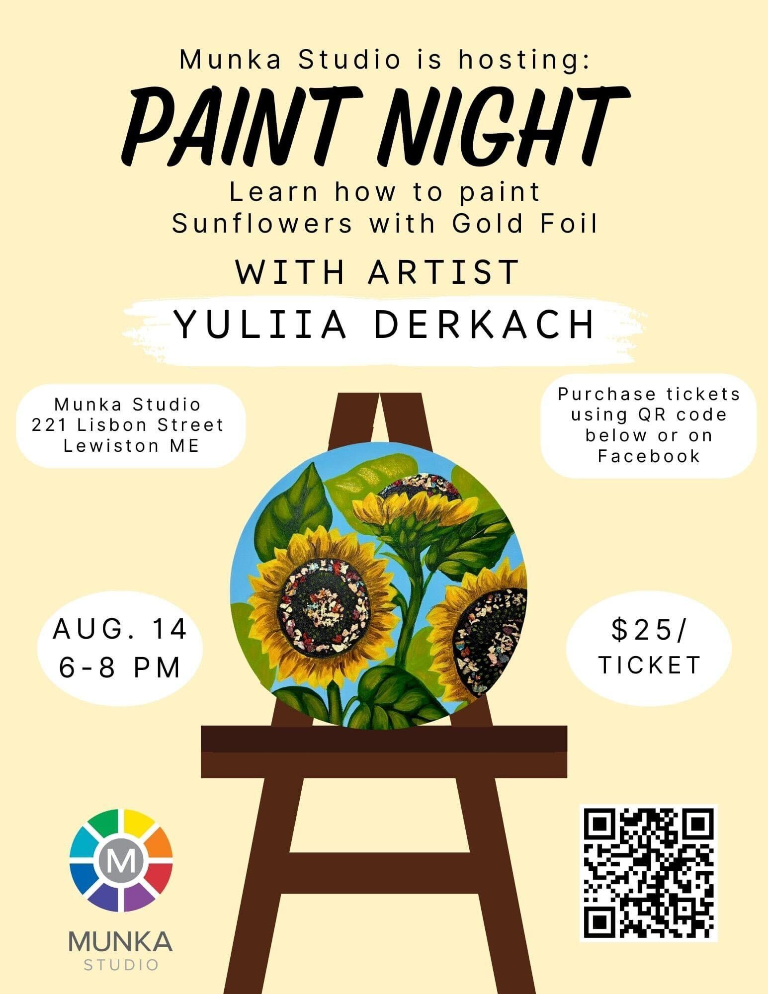 Gold foil Sunflowers Paint Night with Artist Yuliia Derkach.